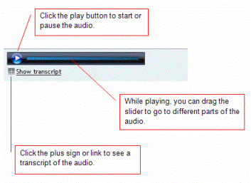 Click the play button to start or pause the audio. While playing, you can drag the slider to go to different parts of the audio. Click the plus sign or link to see a transcript of the audio.